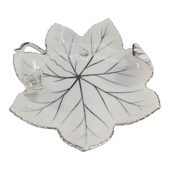 Andrea By Sadek Hand Painted Leaf Dish Bowl Silver Overlay Butterfly And A Bug - Picture 11 of 15